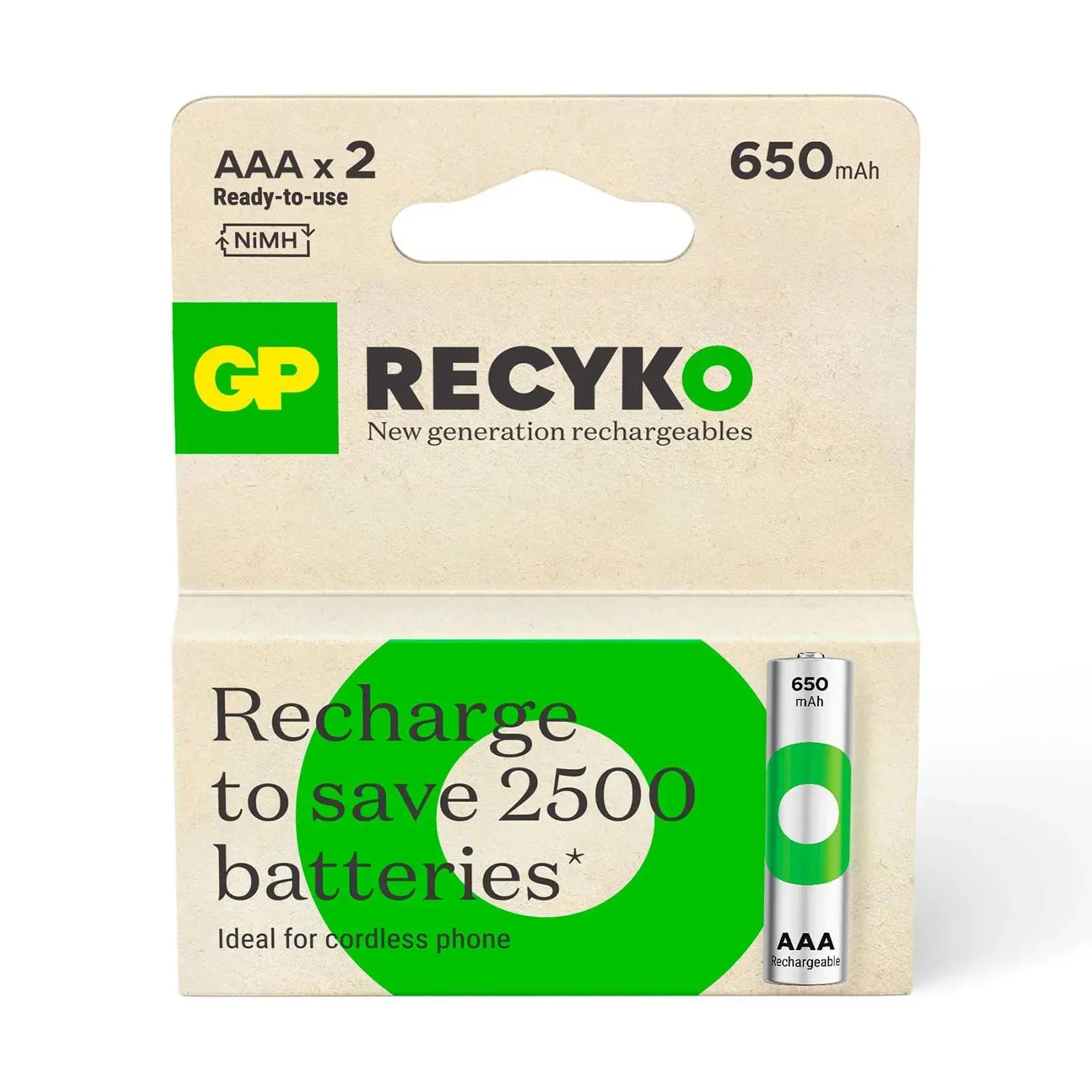 AAA batterij Oplaadbaar GP NiMH 650 mAh ReCyko 1,2V 2 stuks