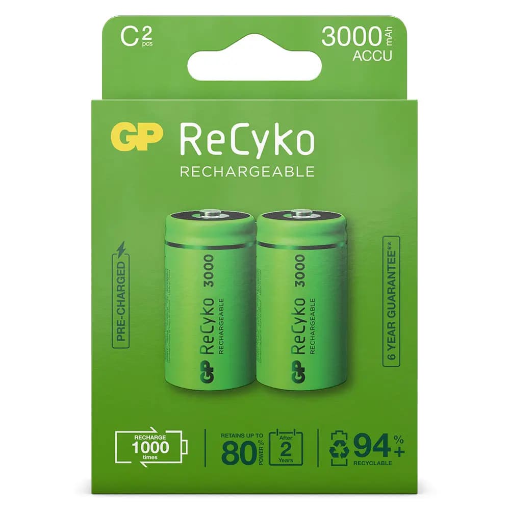 C Baby batterij Oplaadbaar GP NiMH 3000 mAh ReCyko 1,2V 2 stuks