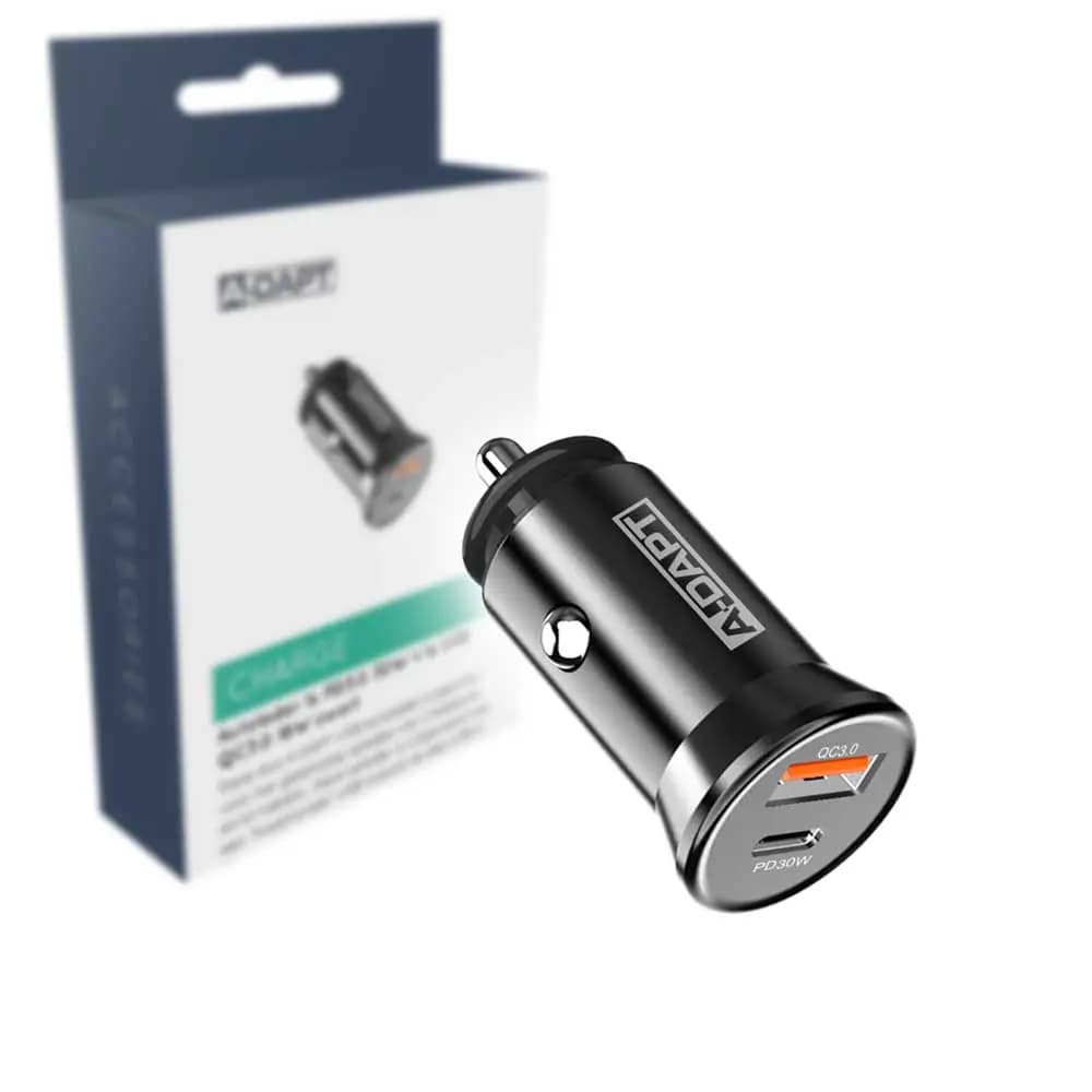 Autolader 1x PD3.0 30W + 1x USB QC3.0 18W zwart