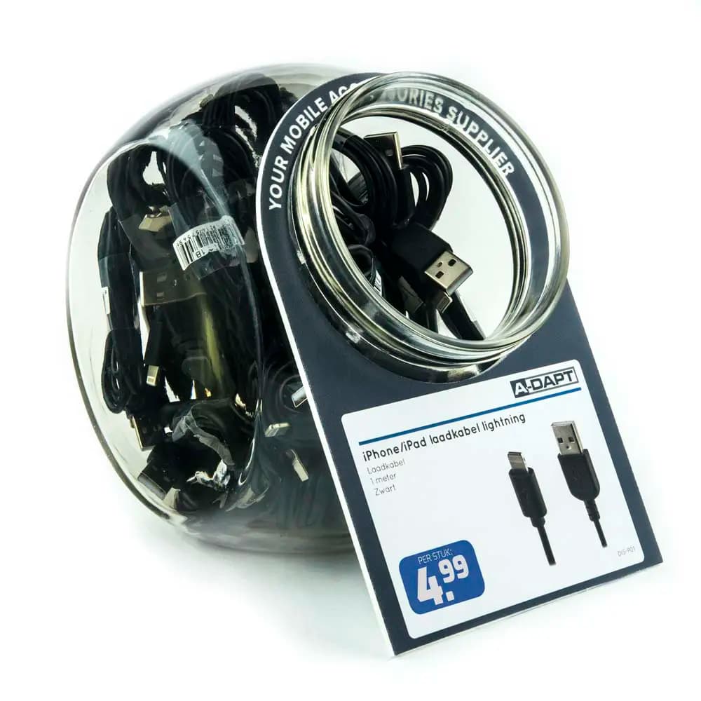 Glass jar with lightning charging cables - black