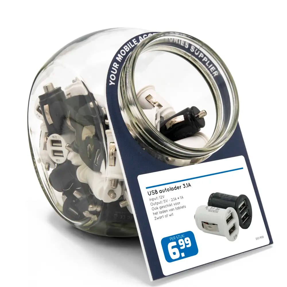 Glass jar Car charger 2xUSB 2,1A compact black and white