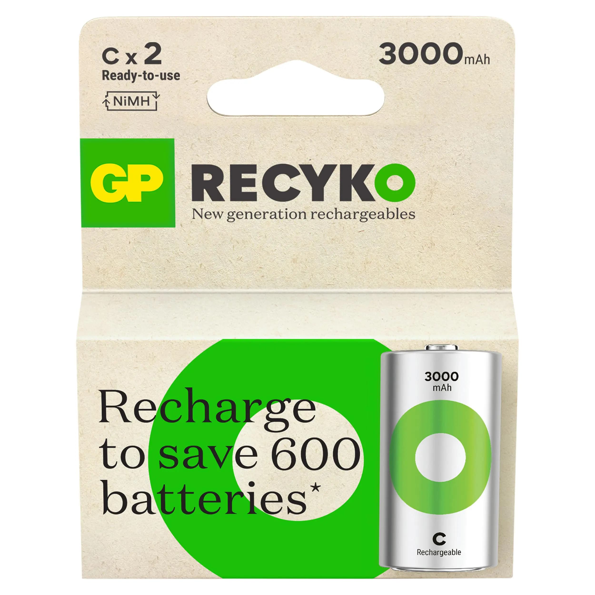 C Baby battery Rechargeable GP NiMH 3000 mAh ReCyko 1.2V 2 pieces